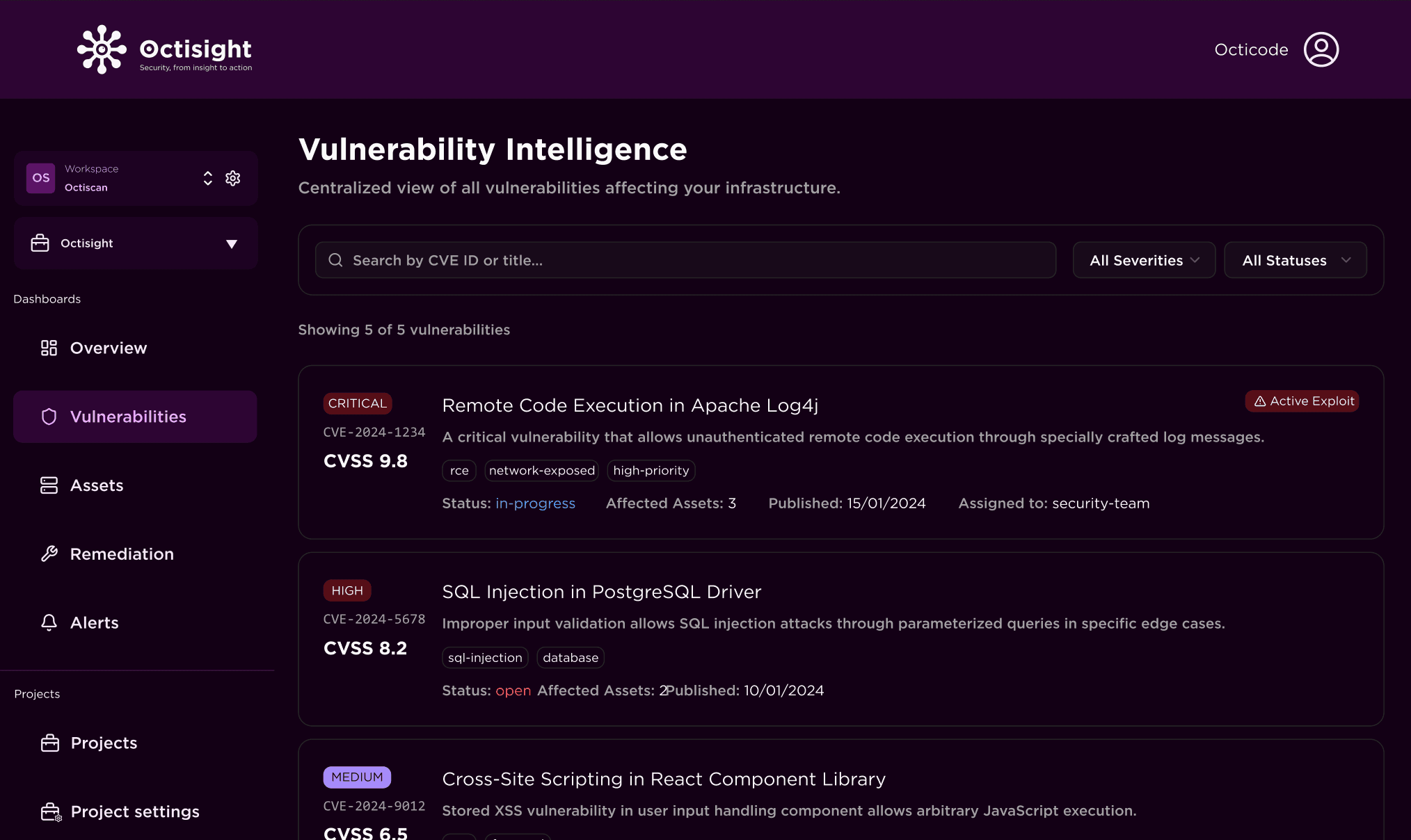 OctiSight vulnerability dashboard