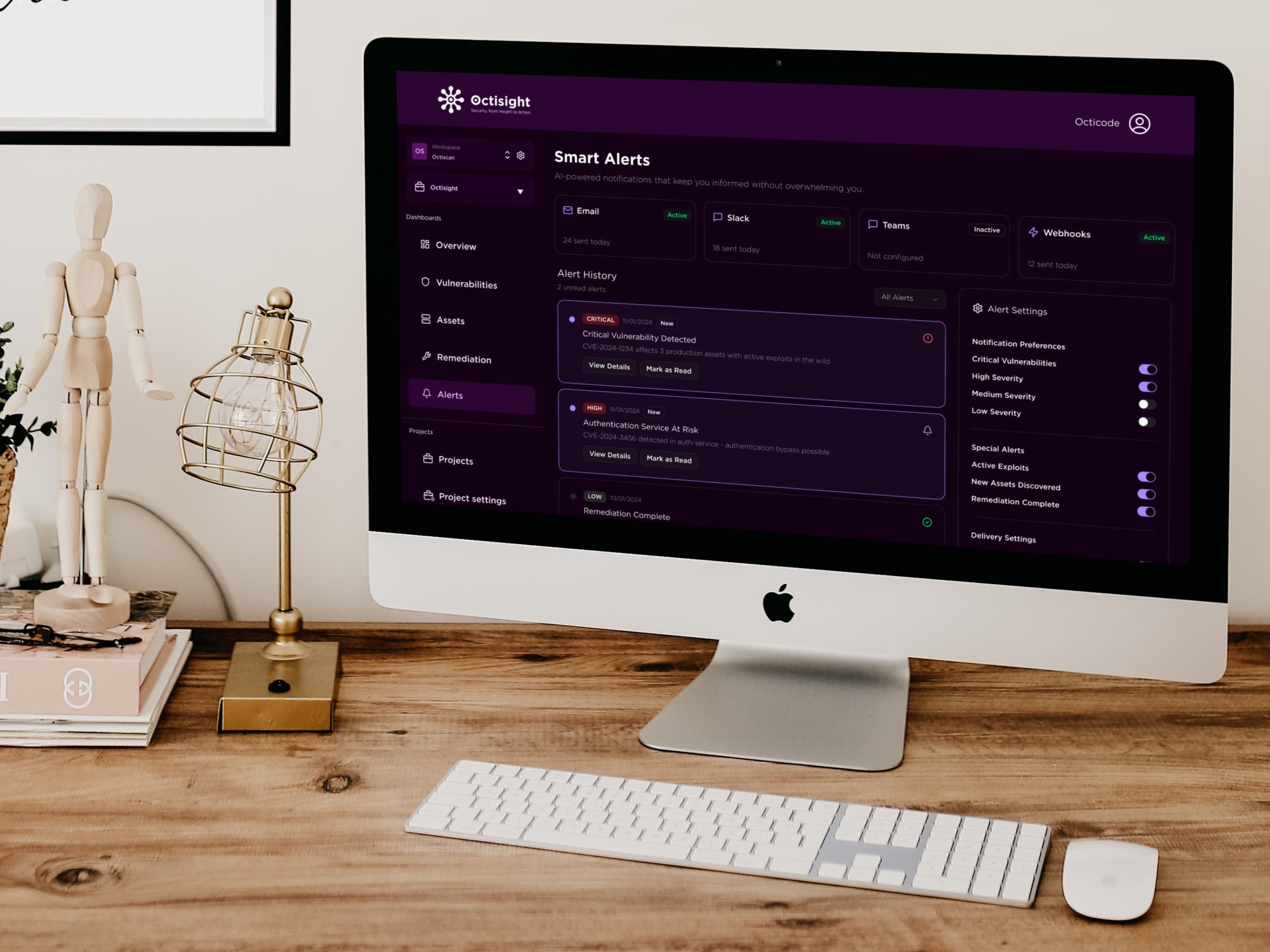 OctiSight alerts dashboard showing prioritized vulnerabilities with business impact scores and risk levels