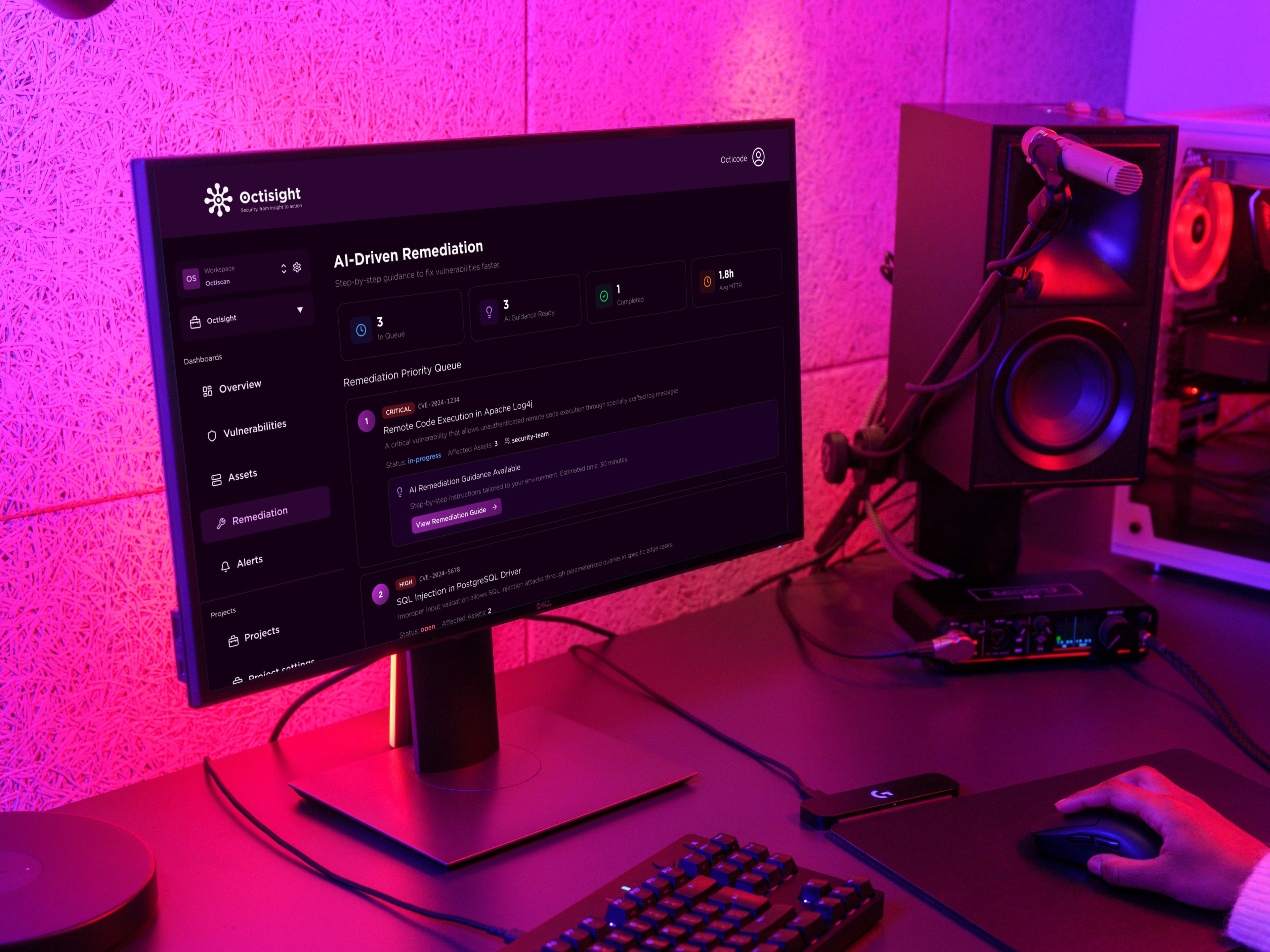 OctiSight AI remediation interface showing step-by-step fix instructions for a vulnerability