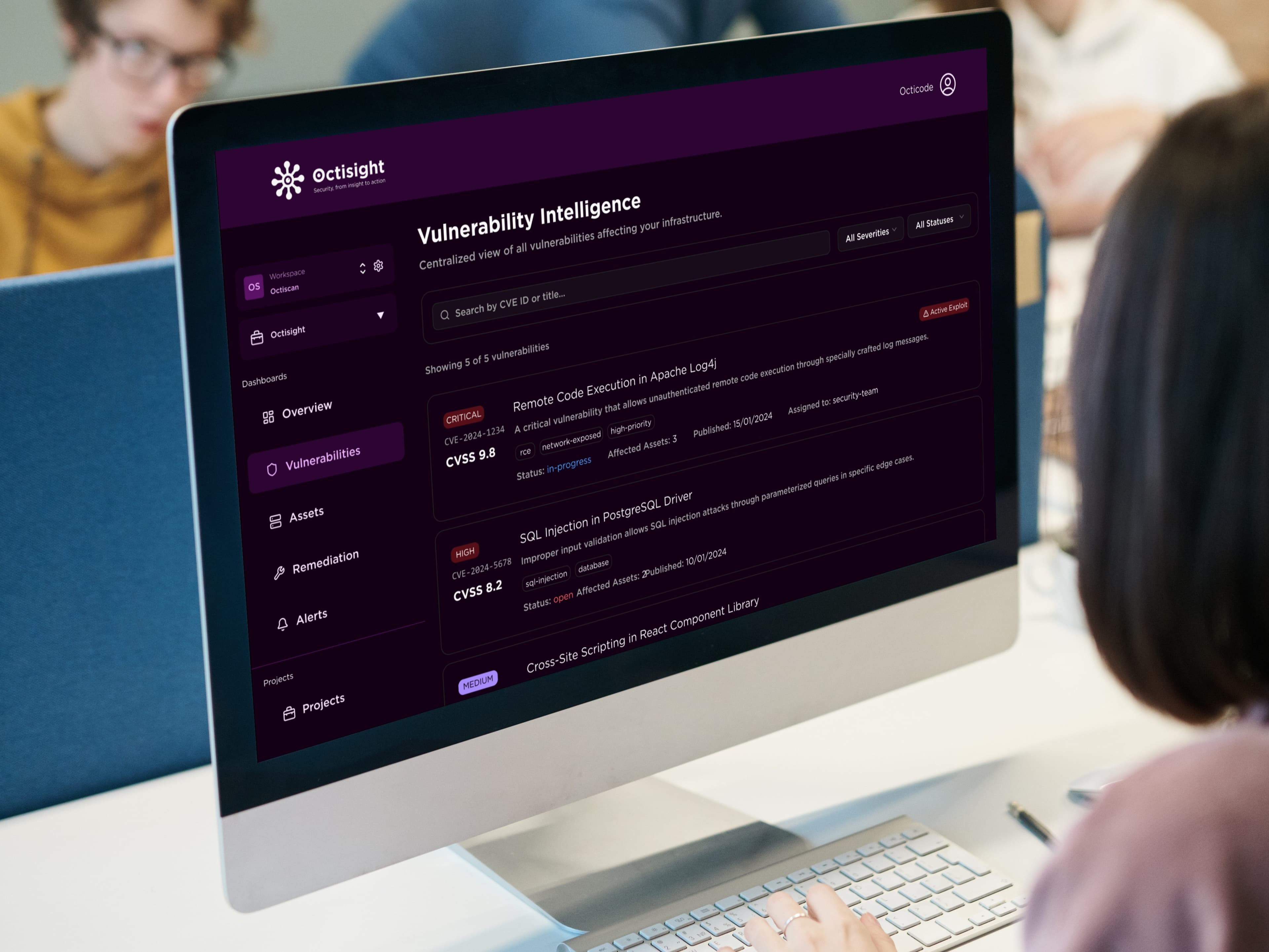 OctiSight system connection dashboard showing connected integrations and discovered assets